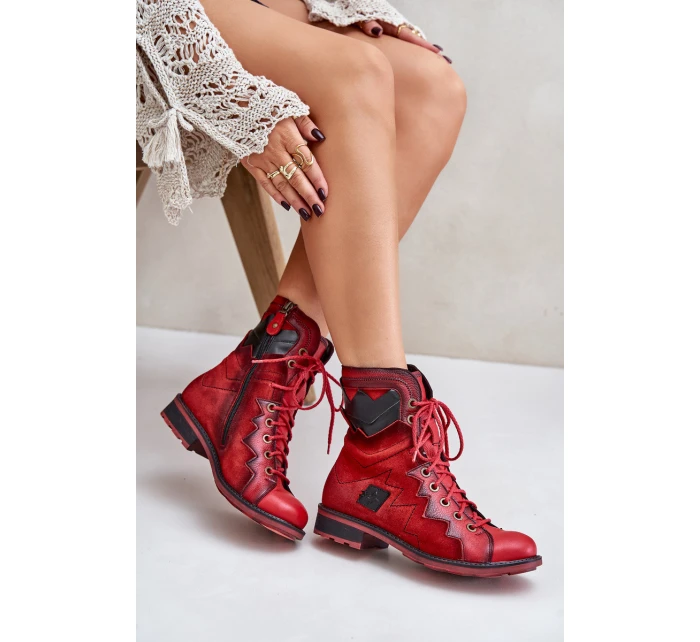 Kožené Zateplené Boty Dámské Na Plochém Podpatku model 21677266 Červené - Maciejka