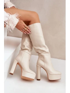 Kozačky na podpatku a platformě z eko kůže světle béžové Felilorn