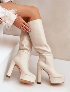 Kozačky na podpatku a platformě z eko kůže světle béžové Felilorn