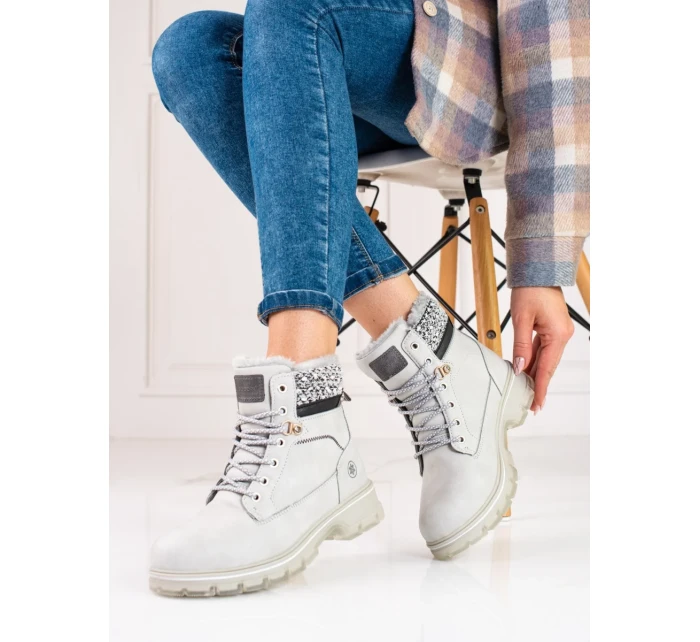 Trendy  kotníčkové boty dámské šedo-stříbrné na plochém podpatku