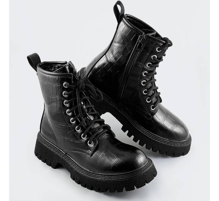 Černé dámské šněrovací boty "krokodýl" (A9897)