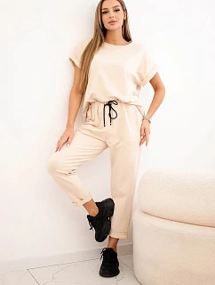 Bavlněný komplet halenka + kalhoty béžový