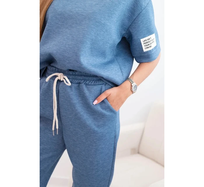 Dámský viskózový komplet s krátkým rukávem a nohavicemi džínový melír