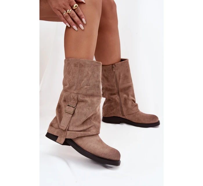 Dámské kozačky s ohrnutým svrškem a s přezkou Minelle – khaki