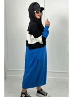 Trikolorní šaty s kapucí Černá + ecru + chrpa