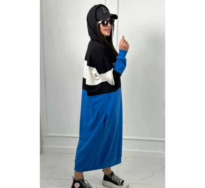 Trikolorní šaty s kapucí Černá + ecru + chrpa