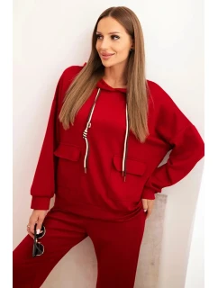 Dámská souprava máslová mikina s kapucí a kalhoty s páskem bordó