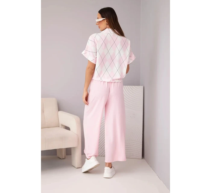 Dámský komplet z viskózy, košile s vázáním a kalhoty s gumou, pudrově růžová