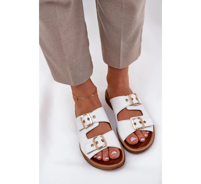 Kožené Ploché Sandály S Přezkami Bílé Zazoo 3020