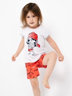 Dívčí pyžamo Marina, krátký rukáv, krátké kalhoty - světlá meláž/červený potisk