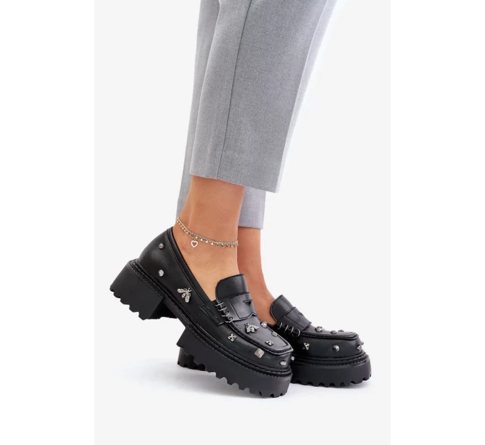 Kožené Polobotky Dámské S Ozdobami D&A Černé Kožené Polobotky Dámské S Ozdobami D&A Černé