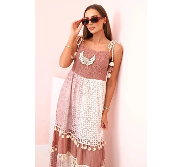 Dámské boho šaty s ramínky s výšivkou a krajkou velbloud