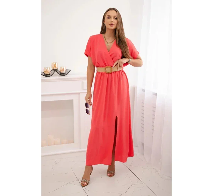 Dlouhé šaty s ozdobným páskem Růžový neon