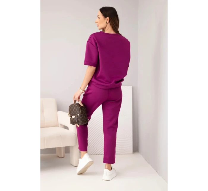 Dámský komplet viskózový máslo s krátkým rukávem a kalhotami s ohrnutým nohavicí tmavě fialový