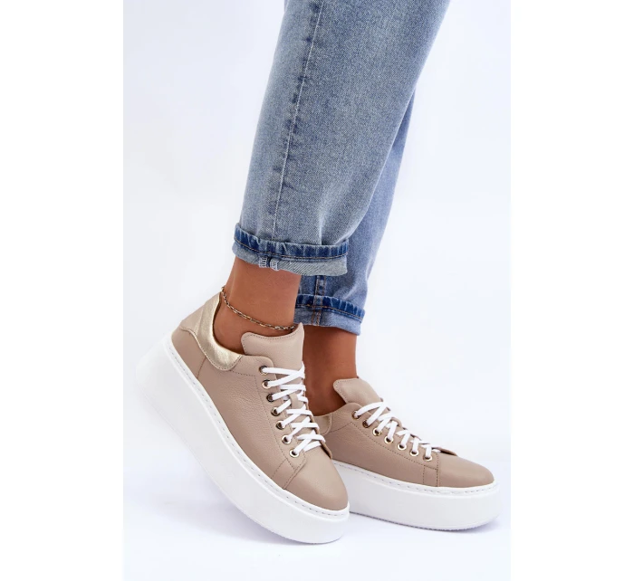 Dámské kožené sportovní boty na platformě Bežové Lemar model 21633508 - Boto Dámské kožené sportovní boty na platformě Bežové Lemar model 21633508 - Boto