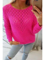 Dámský svetr s ažurovým zdobením neonově růžový - Kesi Dámský svetr s ažurovým zdobením neonově růžový - Kesi