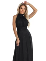 636-3 VERONICA luxusní dlouhé šaty s brokátovým akcentem a elegantním střihem - černé
