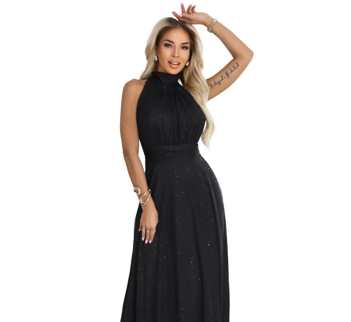 636-3 VERONICA luxusní dlouhé šaty s brokátovým akcentem a elegantním střihem - černé