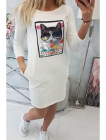 Šaty s 3D grafikou kočky ecru Šaty s 3D grafikou kočky ecru
