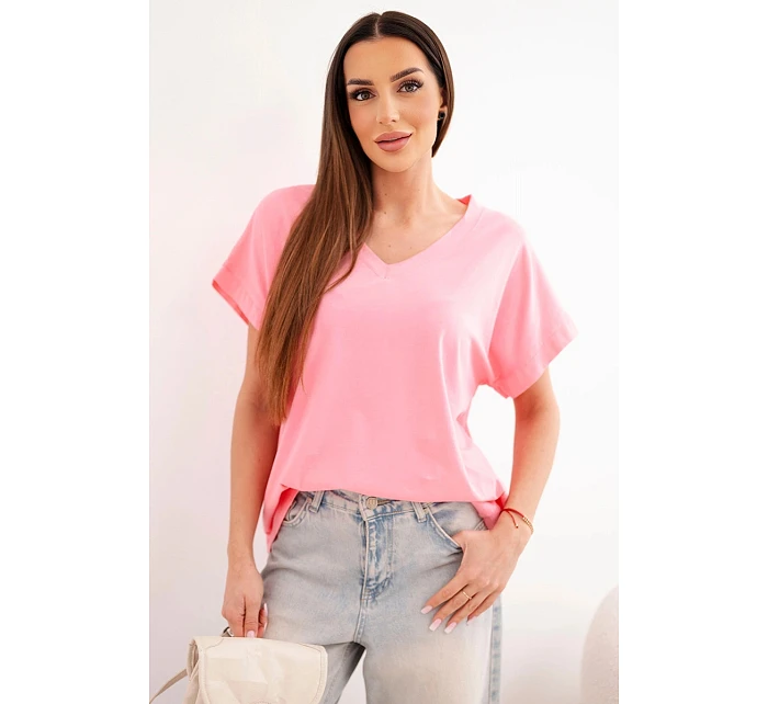 Dámská bavlněná halenka s výstřihem do V a s krátkým rukávem světle růžová