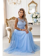 672-1 Romantické svatební maxi šaty s vyšívanou krajkou a tylem - modré 672-1 Romantické svatební maxi šaty s vyšívanou krajkou a tylem - modré