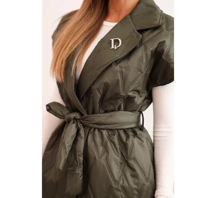 Dámská prošívaná vesta s páskem a širokým límcem khaki
