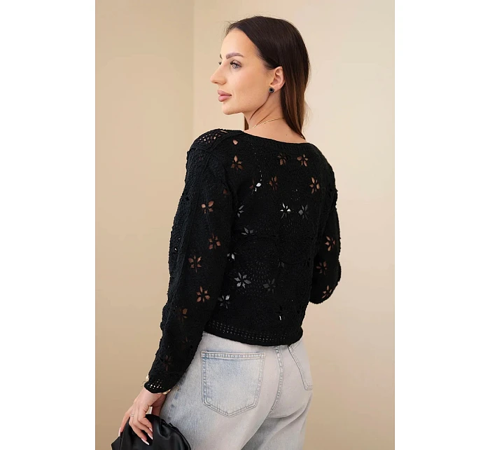 Dámský ažurový svetr s květinovým vzorem černý
