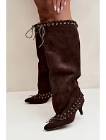 Kozačky Kitten Heel semišové s ozdobným šněrováním čokoládové Juletta Kozačky Kitten Heel semišové s ozdobným šněrováním čokoládové Juletta