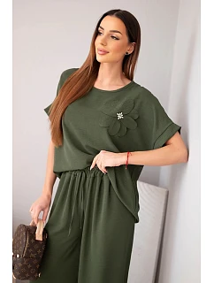 Dámský komplet z viskózy s ozdobným květem a širokými kalhotami tmavé khaki