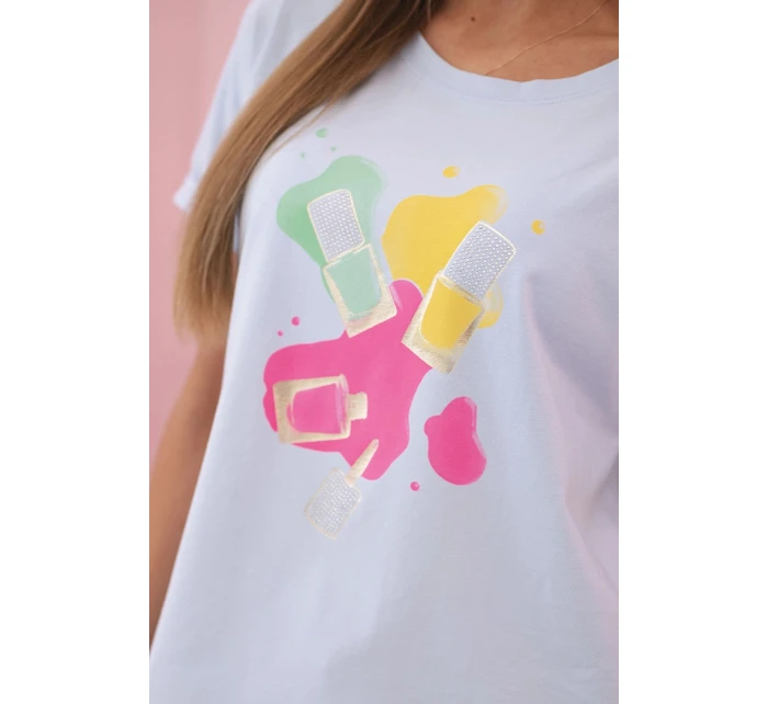 Dámská bavlněná halenka s krátkým rukávem a barevným potiskem modrá Dámská bavlněná halenka s krátkým rukávem a barevným potiskem modrá