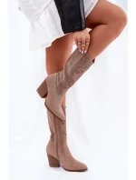 Dámské perforované kozačky ve stylu kovbojek na sloupkovém podpatku S.Barski – béžové, eko kůže Dámské perforované kozačky ve stylu kovbojek na sloupkovém podpatku S.Barski – béžové, eko kůže