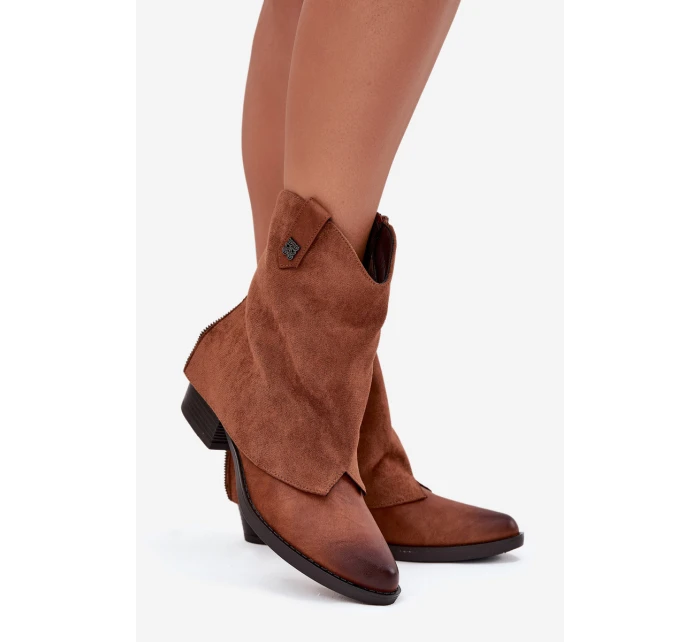 Dámské zateplené kotníkové botky kovbojky na sloupku – camel Sylvette Dámské zateplené kotníkové botky kovbojky na sloupku – camel Sylvette