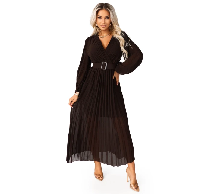 414-11 KLARA plisované elegantní midi šaty s páskem a výstřihem - čokoládové