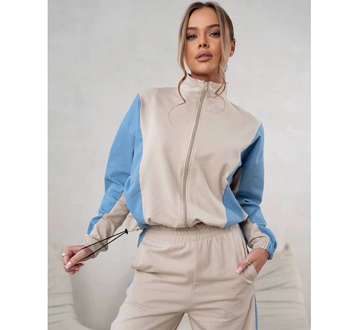 Tepláková souprava mikina na zip + široké kalhoty béžovo-modrá (821151)