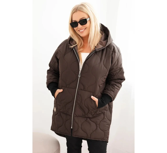 Dámská zimní bunda Plus Size prošívaná s kapucí hnědá