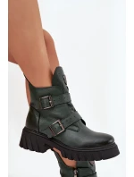 Kožené zateplené dámské boty s přezkami a ozdobným detailem Zazoo 60482 tmavě zelené