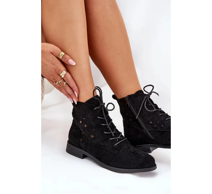Dámské šněrovací kotníkové botky s perforovaným vzorem – černé S.Barski