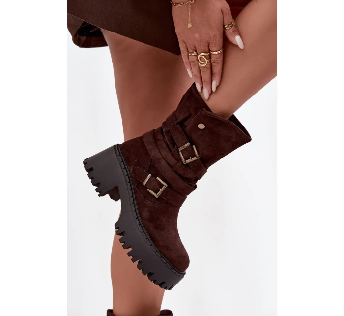 Dámské botky na masivním podpatku s pásky a přezkami Nerelisa – čokoládové