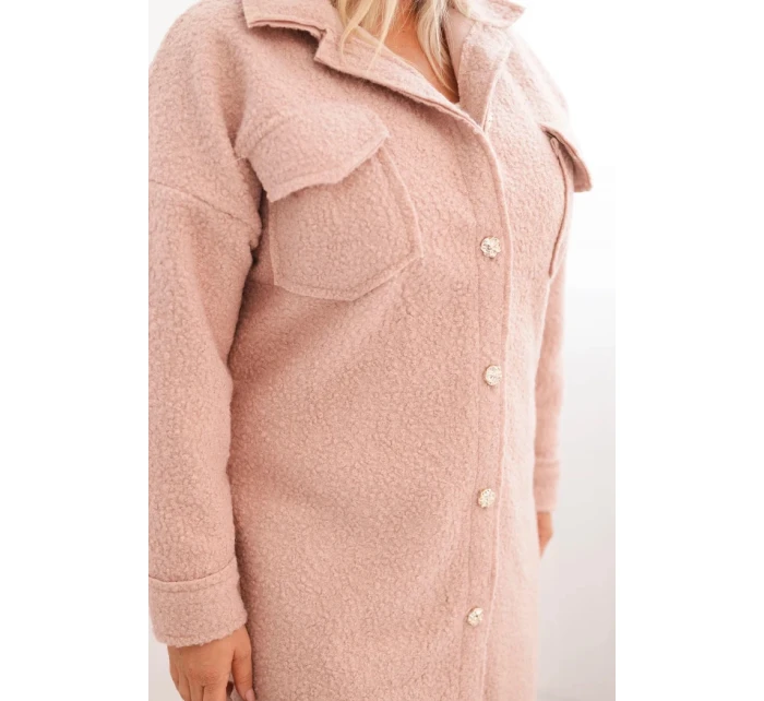 Dámský plášť Plus Size s vlnou na knoflíky s kapsami a límcem pudrově růžový Dámský plášť Plus Size s vlnou na knoflíky s kapsami a límcem pudrově růžový