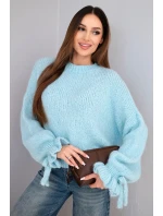 Dámský svetr s přídavkem s vzorem a ozdobnými rukávy modrý model 21857669 - K-Fashion