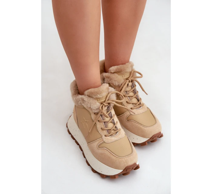 Kožené Sneakersy Trapery Dámské S Kožíškem Na Platformě Big Star model 21680216 Béžové - Big Star Shoes Kožené Sneakersy Trapery Dámské S Kožíškem Na Platformě Big Star model 21680216 Béžové - Big Star Shoes