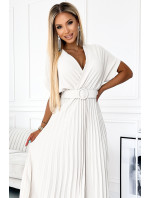Bílé plisované dámské midi šaty s výstřihem a širokým opaskem model 20128239 - numoco basic