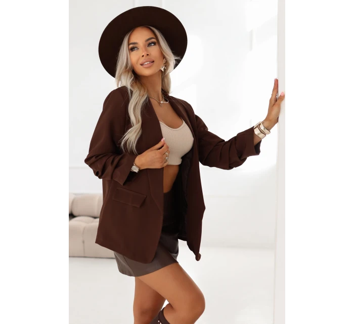 model 21796735 Dámské klasické sako s nabíranými rukávy čokoládové - numoco basic