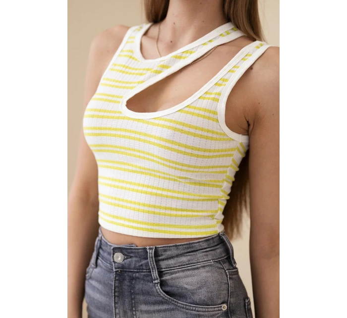 Dámský žebrovaný pruhovaný top bez rukávů s výstřihem zelená