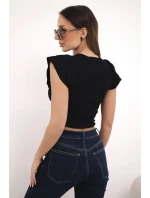 Dámská žebrovaná proužkovaná halenka na ramínkách s volánkem černá