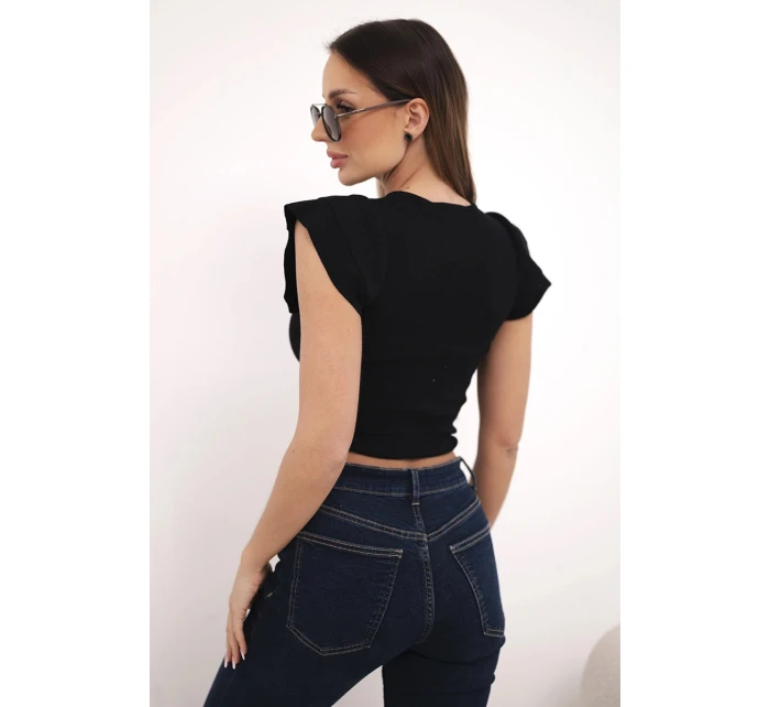 Dámská žebrovaná proužkovaná halenka na ramínkách s volánkem černá