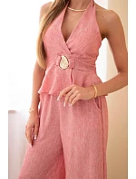 Dámský viskózový komplet top a kalhoty se širokou nohavicí tmavý pudrový model 22079425 - K-Fashion