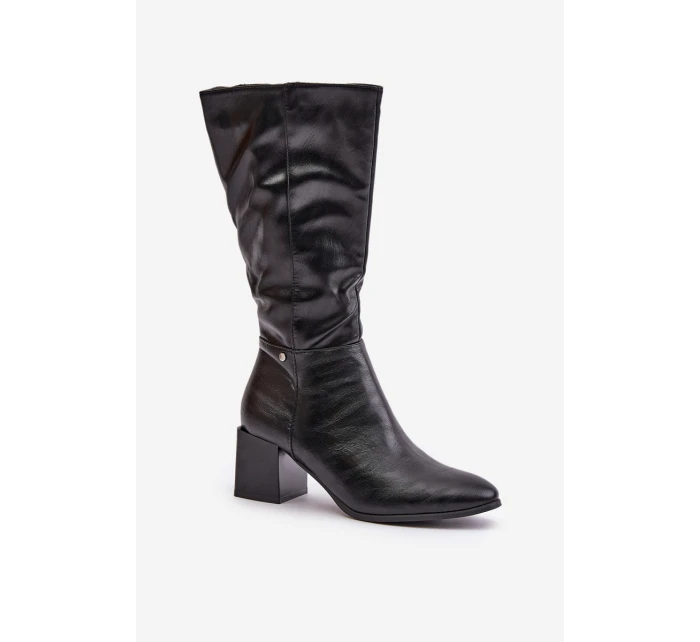 Zateplené kozačky na podpatku z eko kůže do poloviny lýtek černé Ellithira
