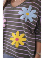 Pruhovaná bavlněná halenka s květem khaki+fialová