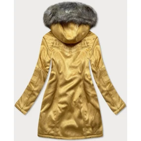 Dámská zimní semišová bunda s kapucí hořčicová model 18153572 - Libland